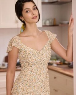 The Yellow V Neck Floral Slit Midi Dress -CINN Clothing Shop the yellow v neck floral slit midi dress dresses i0lcgr